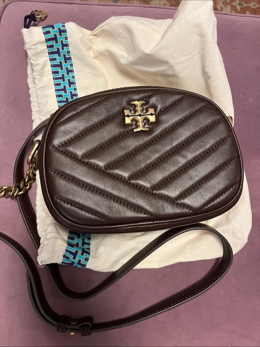 Tory Burch Dark Brown Quilted Leather Crossbody with Gold Logo